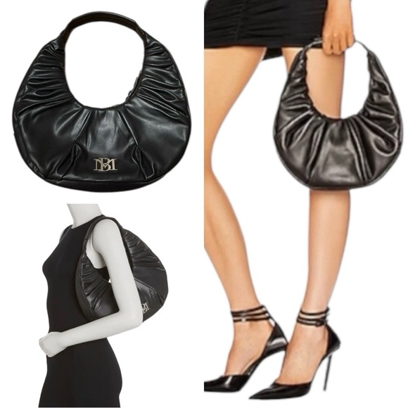 Badgley Mischka Handbags - NWOT BADGLEY MISCHKA Black Vegan Leather Ruched Crescent Round Shoulder Bag